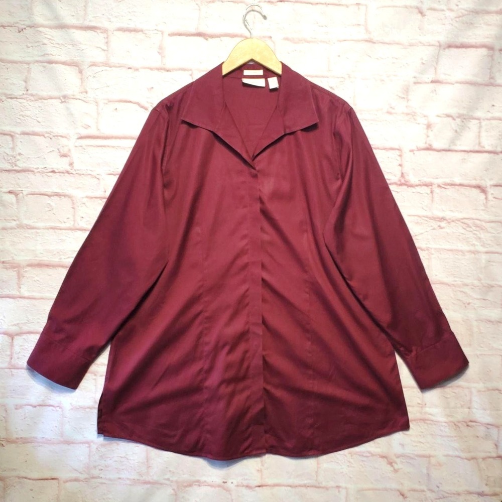 Chicos Shirt Womens 3 XL Burgundy No Iron Cotton Long Sleeve Blouse Button Front